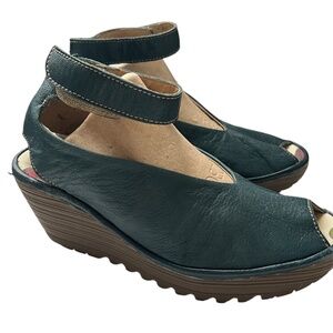 Fly London Shoes Yala Sandals Sz 38 US 8 Ankle Strap Wedges Dark Teal Peep Toe